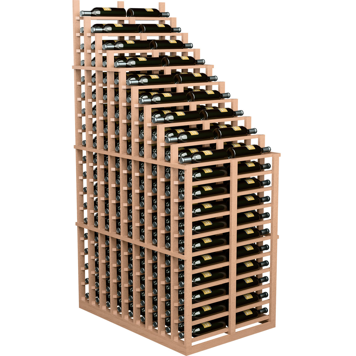 Natural wood double-deep wine rack with cascading waterfall bottle slots and support frame