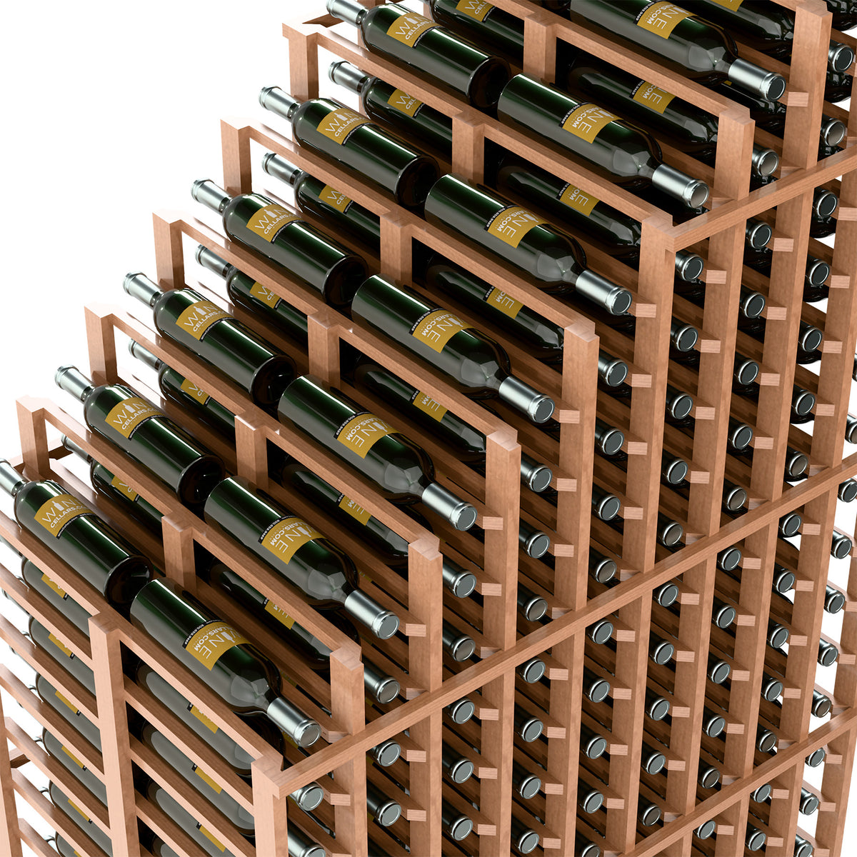 Natural wood double-deep wine rack close-up showing bottle rows and circular holder holes