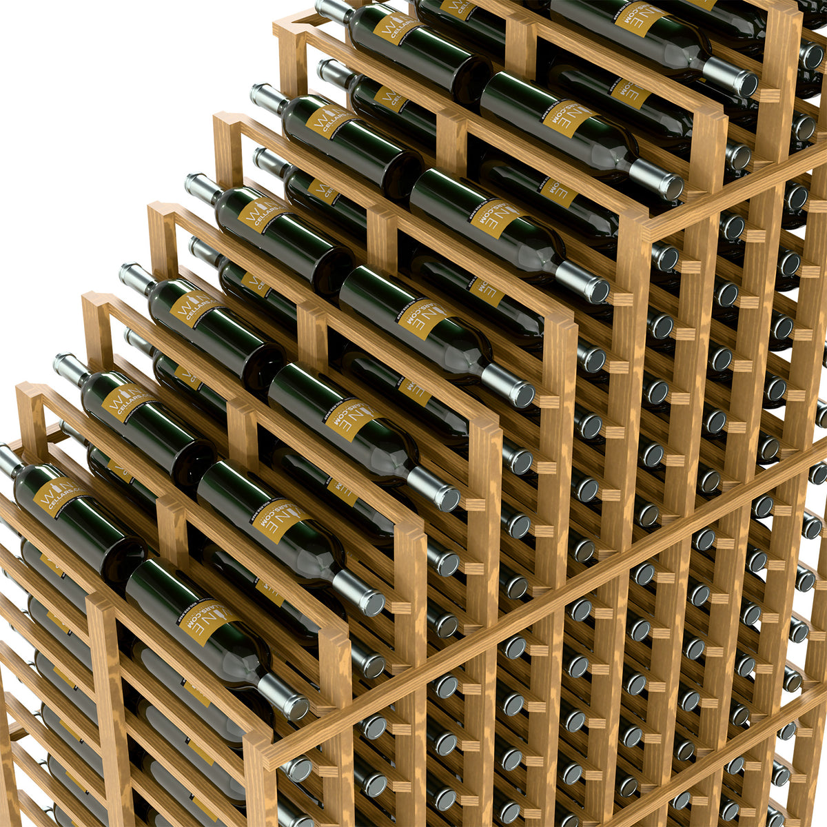 Natural wood wine rack close-up with cascading rows and metal bottle holders