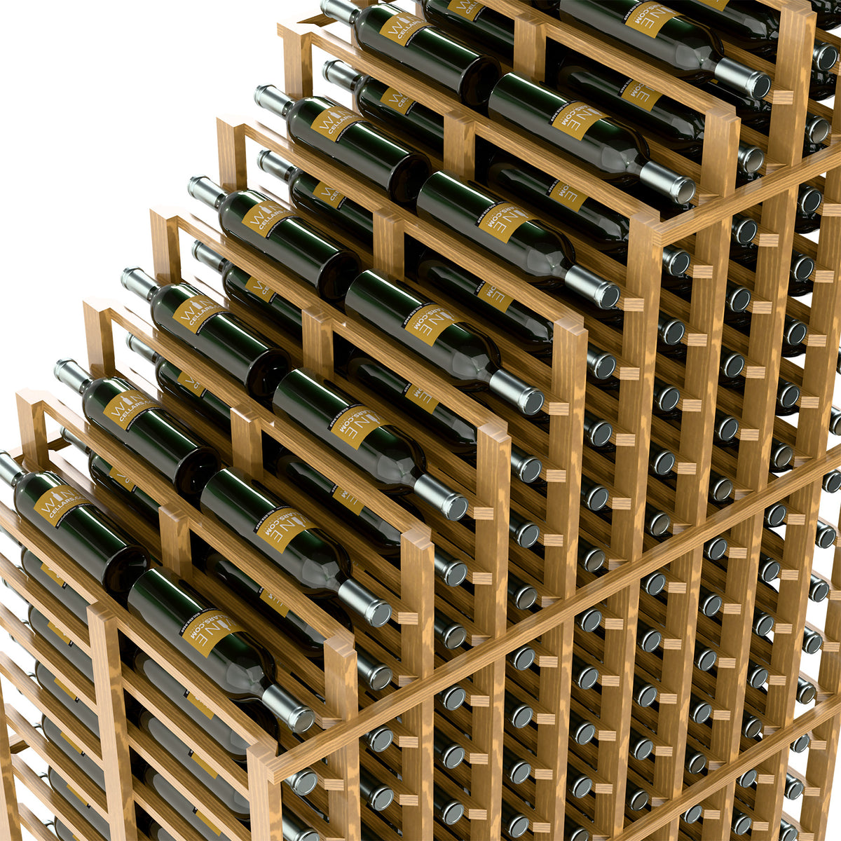Natural wood wine rack close-up showing bottle bottles in angled cascading rows