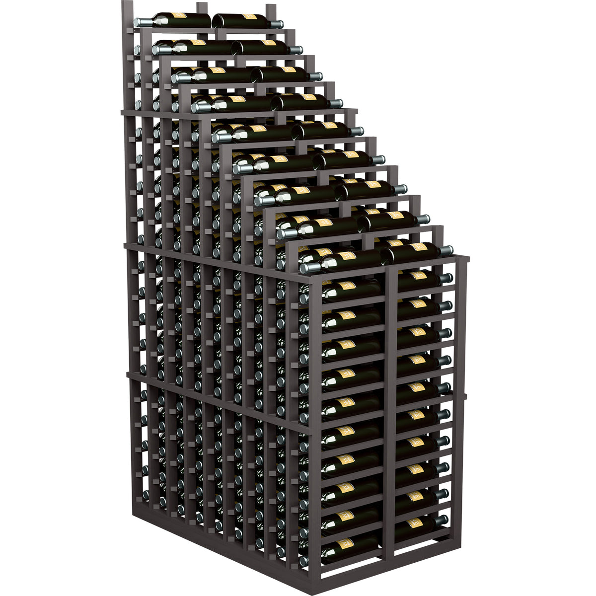 Dark wood double-deep wine rack with cascading waterfall design and bottle slots