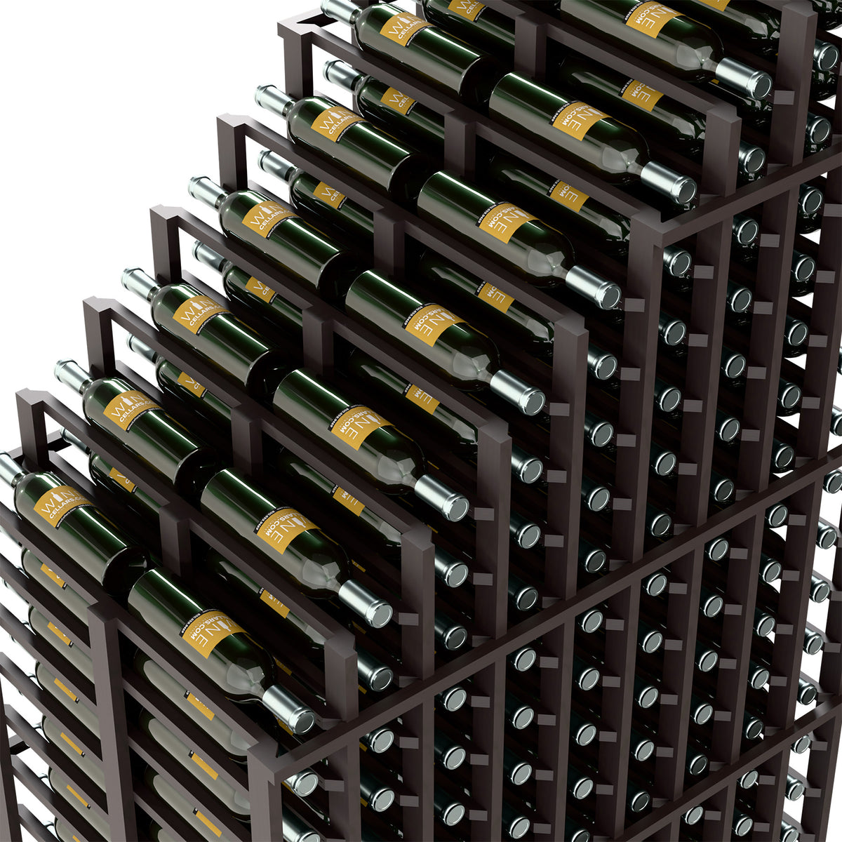 Dark wood wine rack close-up showing cascading rows and circular metal bottle holders