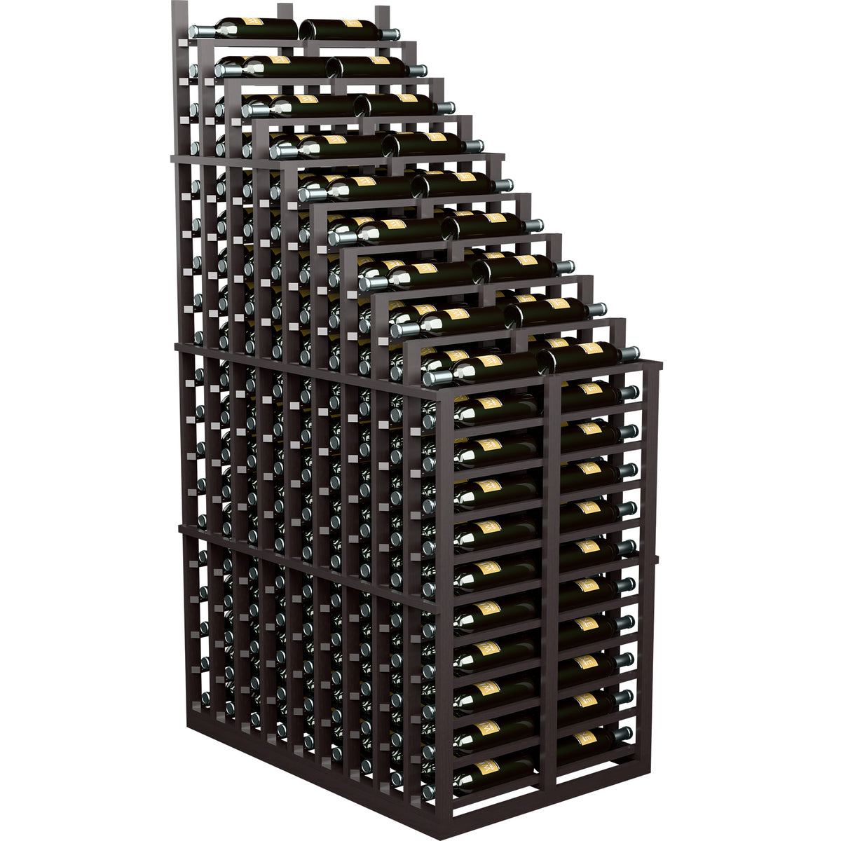 Dark wood double-deep wine rack with cascading waterfall bottle storage and frame