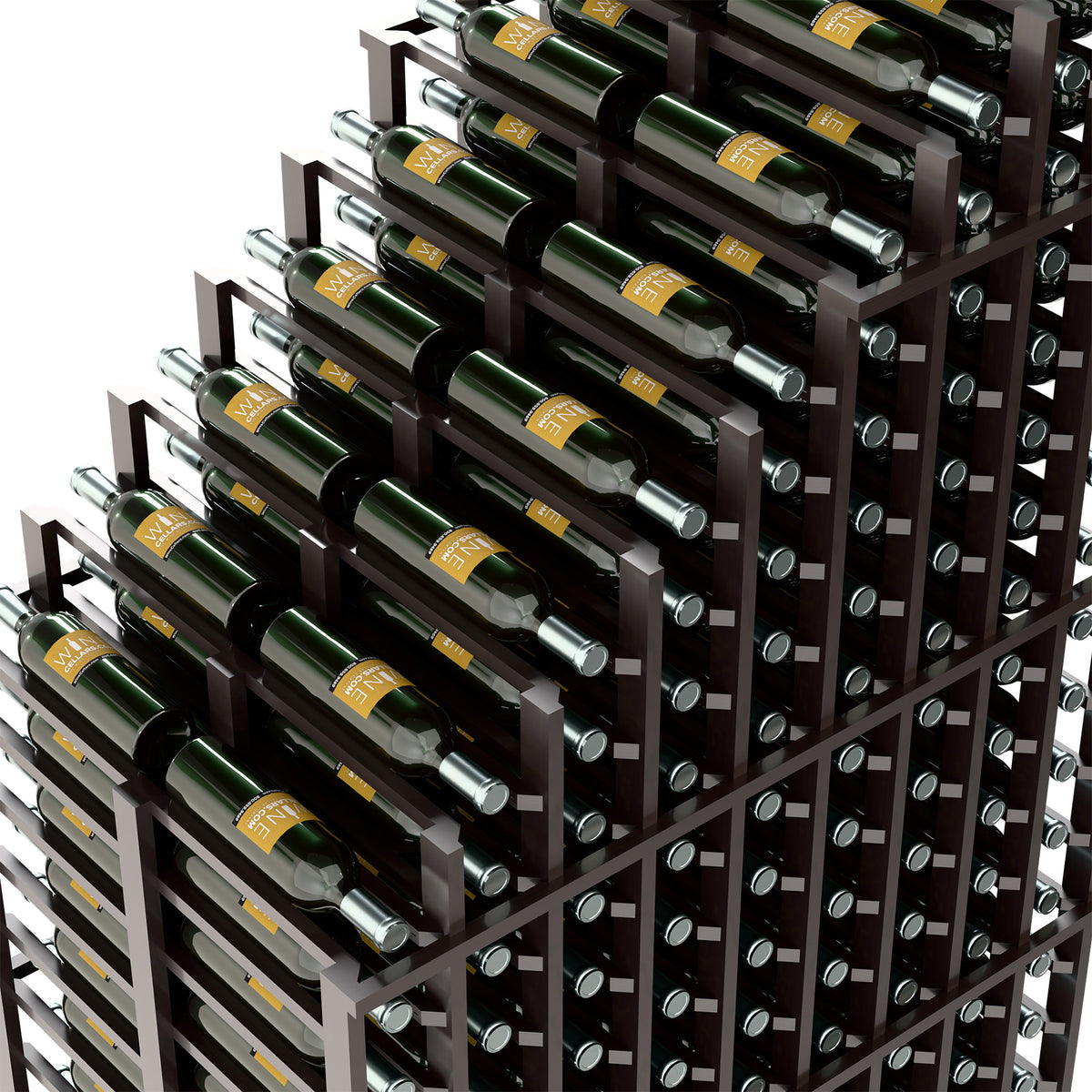 Dark wood wine rack close-up with cascading bottle rows and metal holder openings