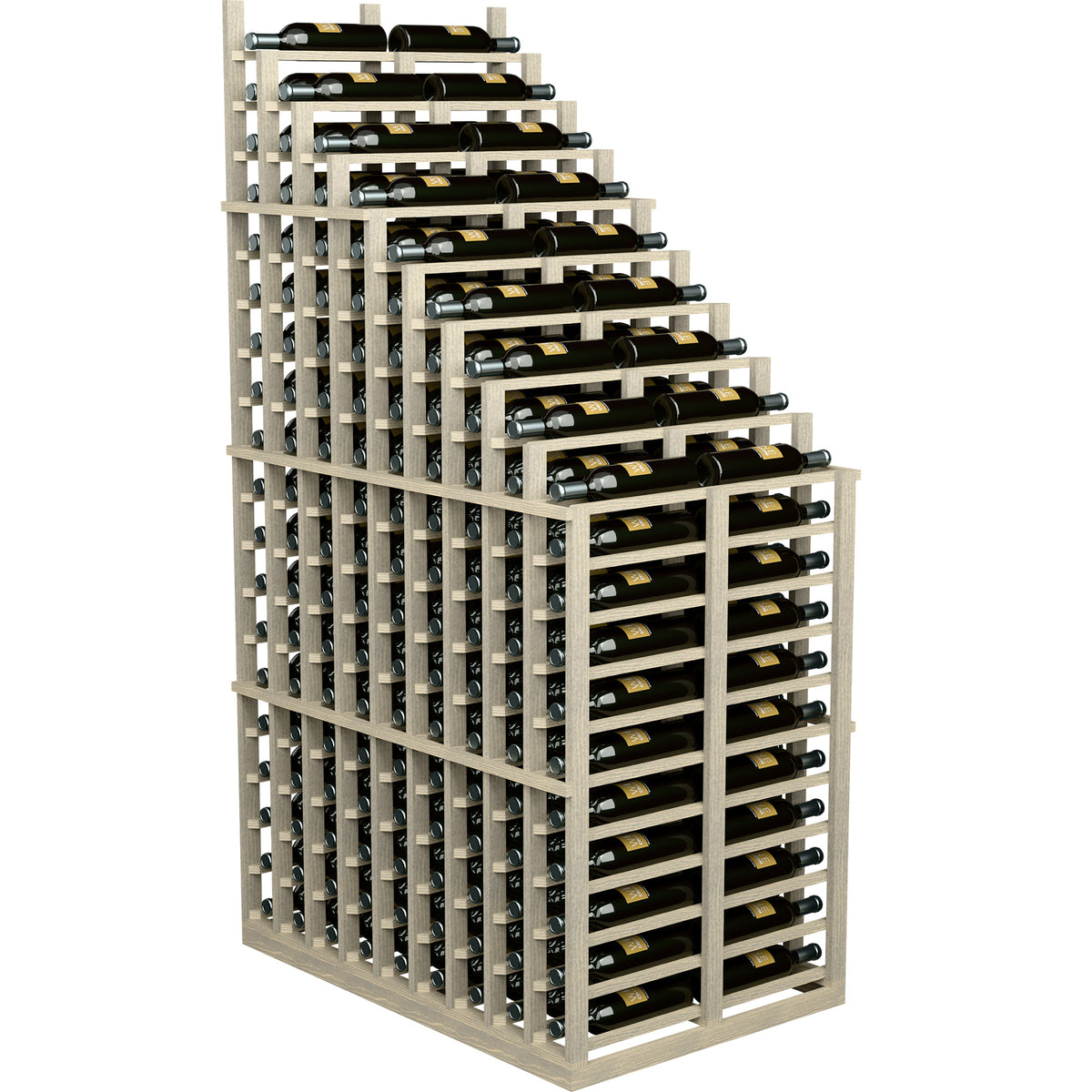 Light wood wine rack with cascading rows, bottle slots, and silver metal holders