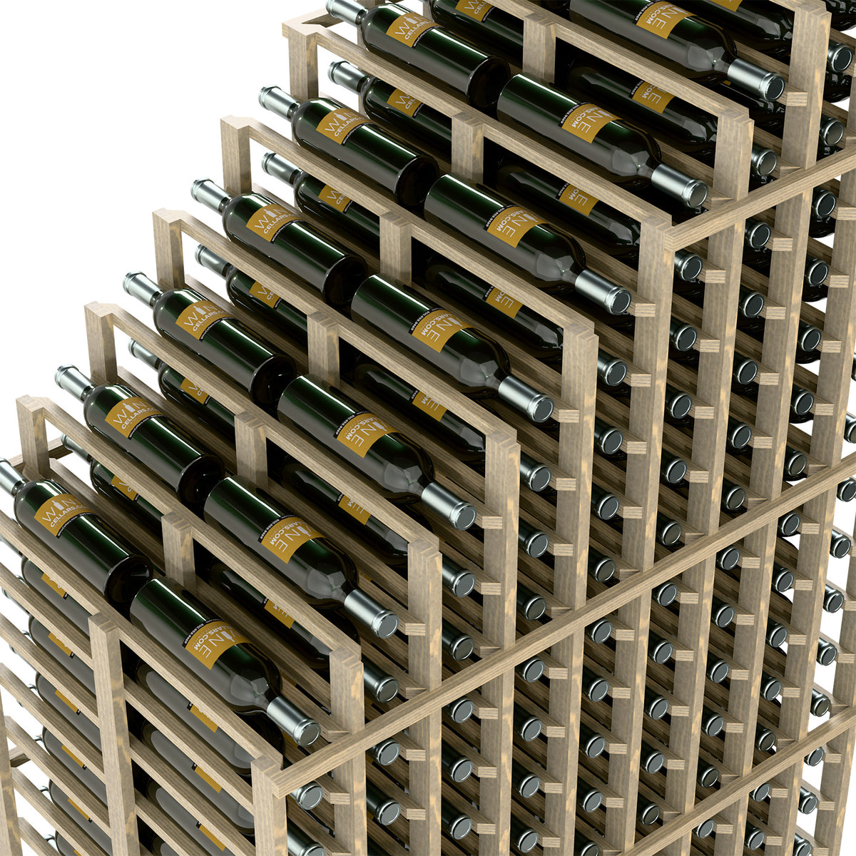 Light wood wine rack close-up with cascading bottle slots and dark green bottles