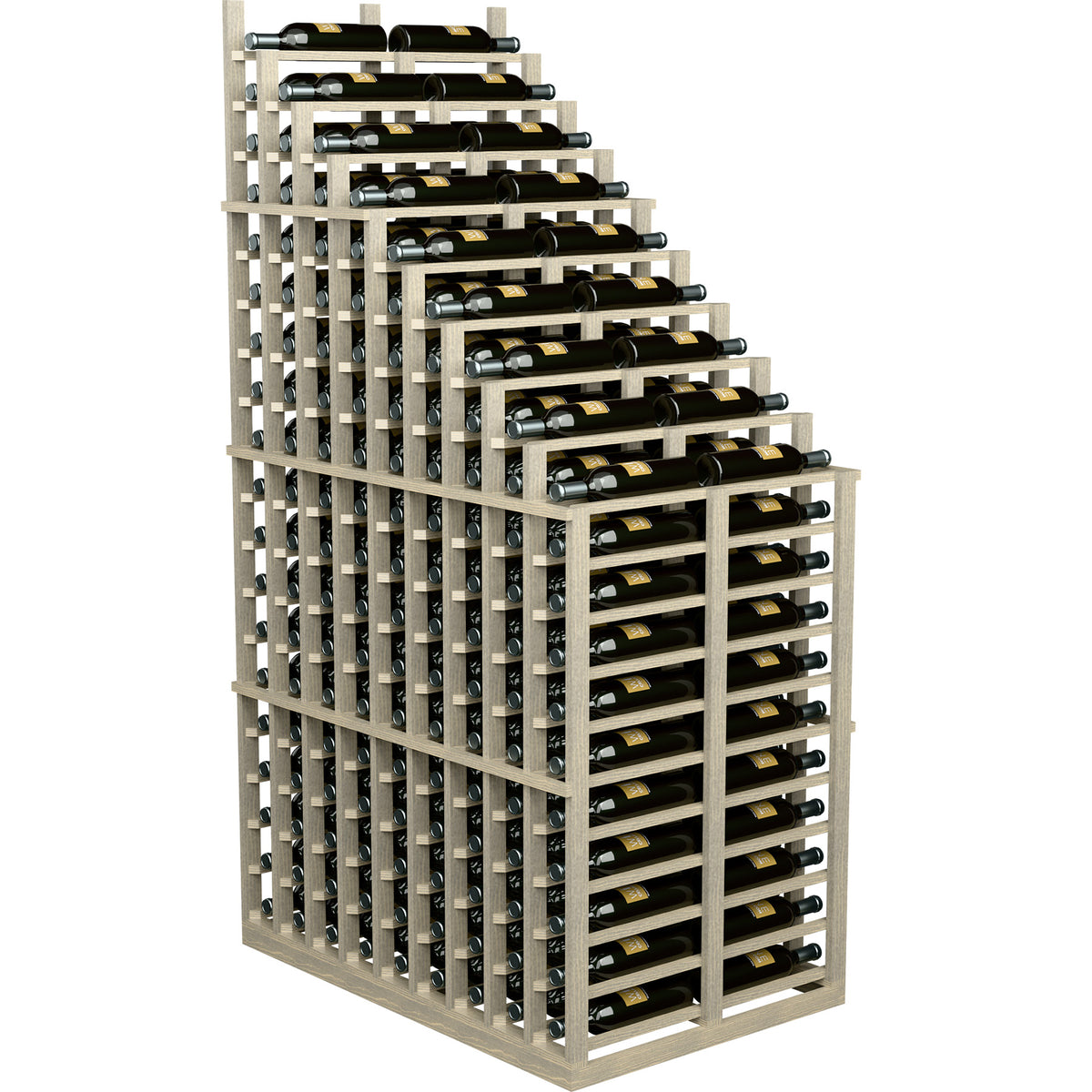 Light wood wine rack with waterfall-style bottle storage and silver metal bottle holders