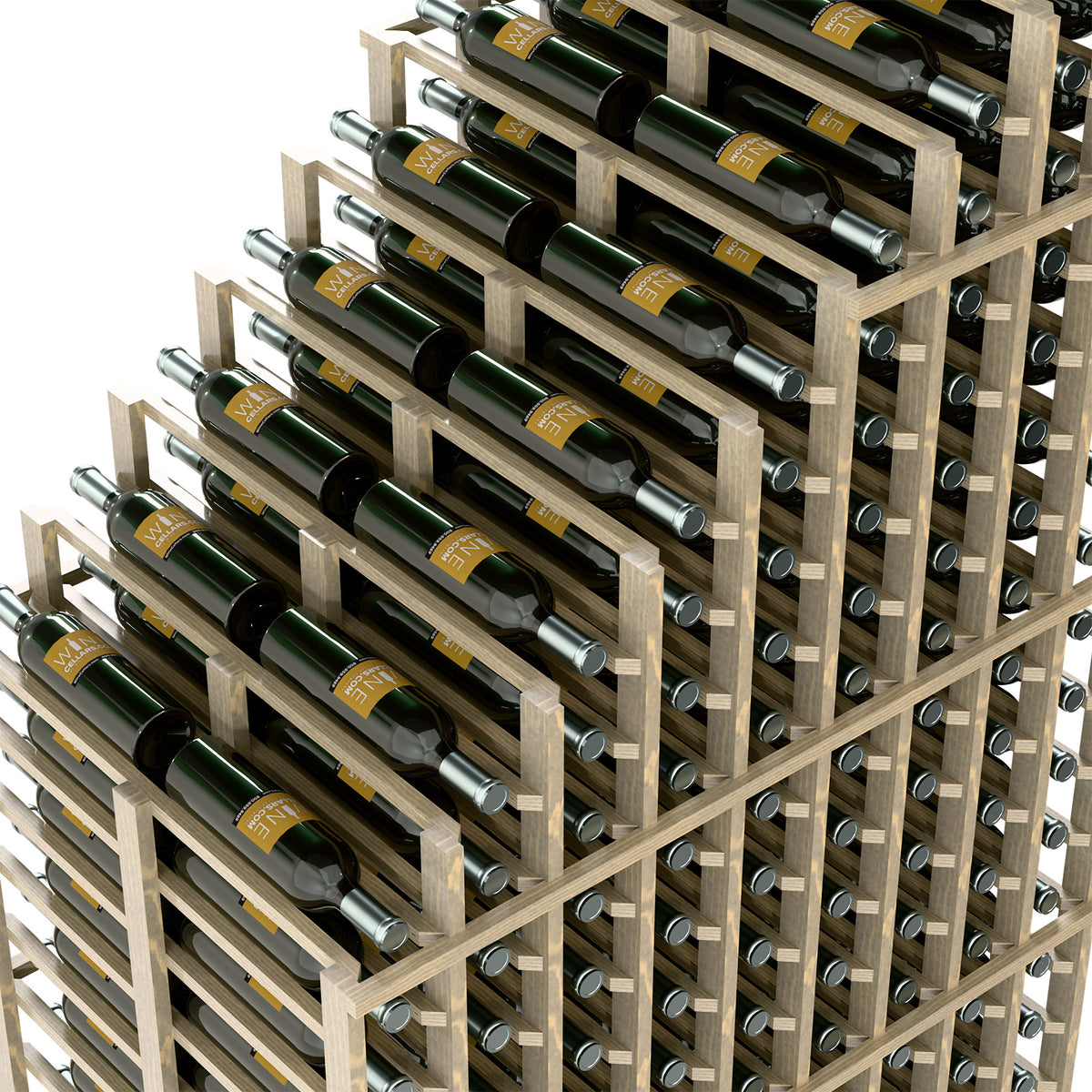 Light wood double-deep wine rack showing cascading rows of dark green bottles