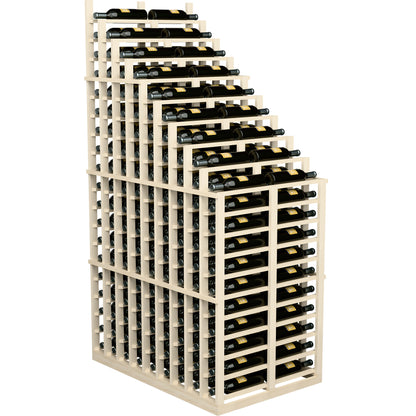 Light wood wine rack with cascading bottle holders arranged in double rows