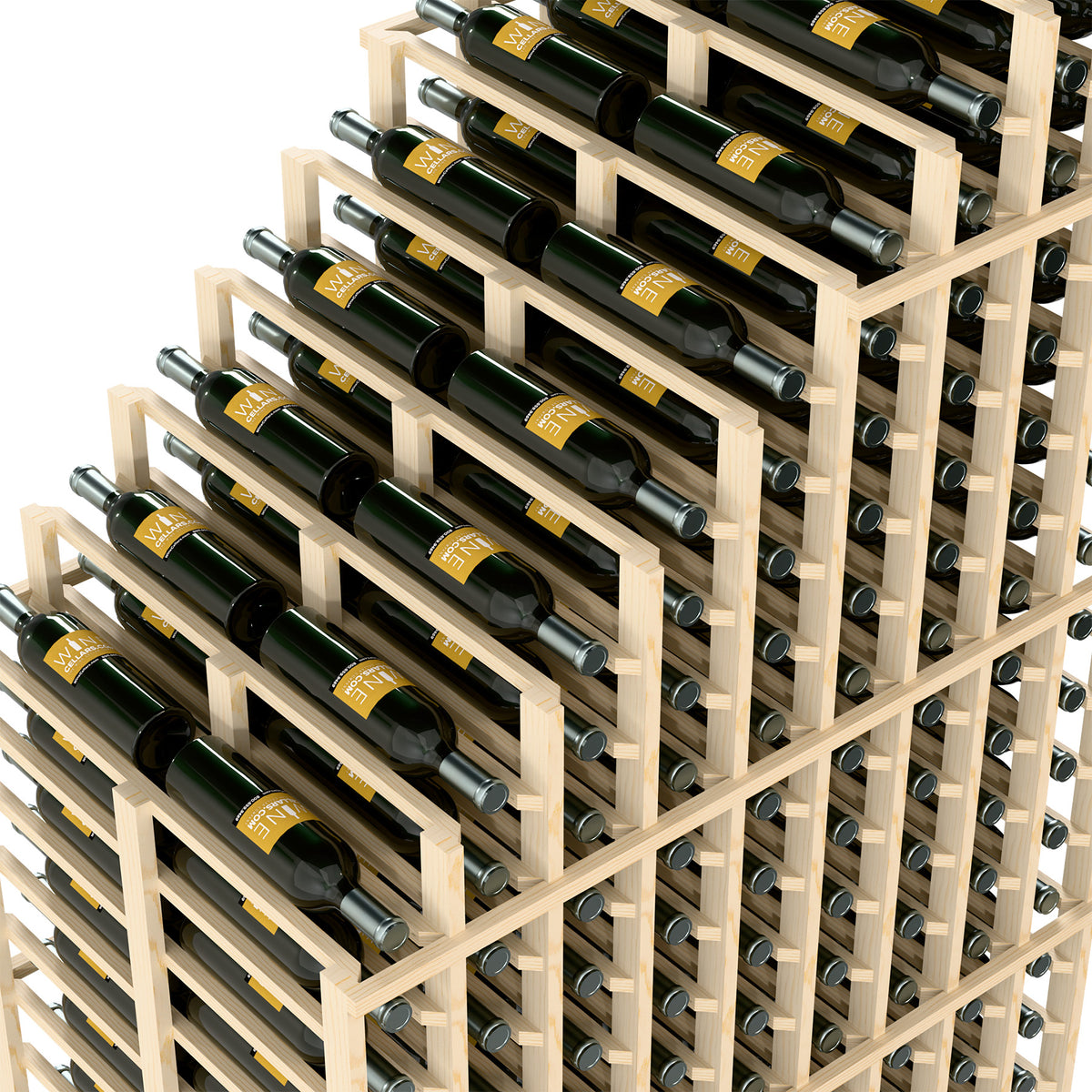 Light wood wine rack close-up with bottle slots, silver holders, and dark green bottles