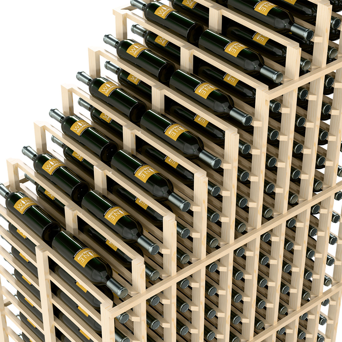 Light wood double-deep wine rack close-up with cascading rows and dark green bottles
