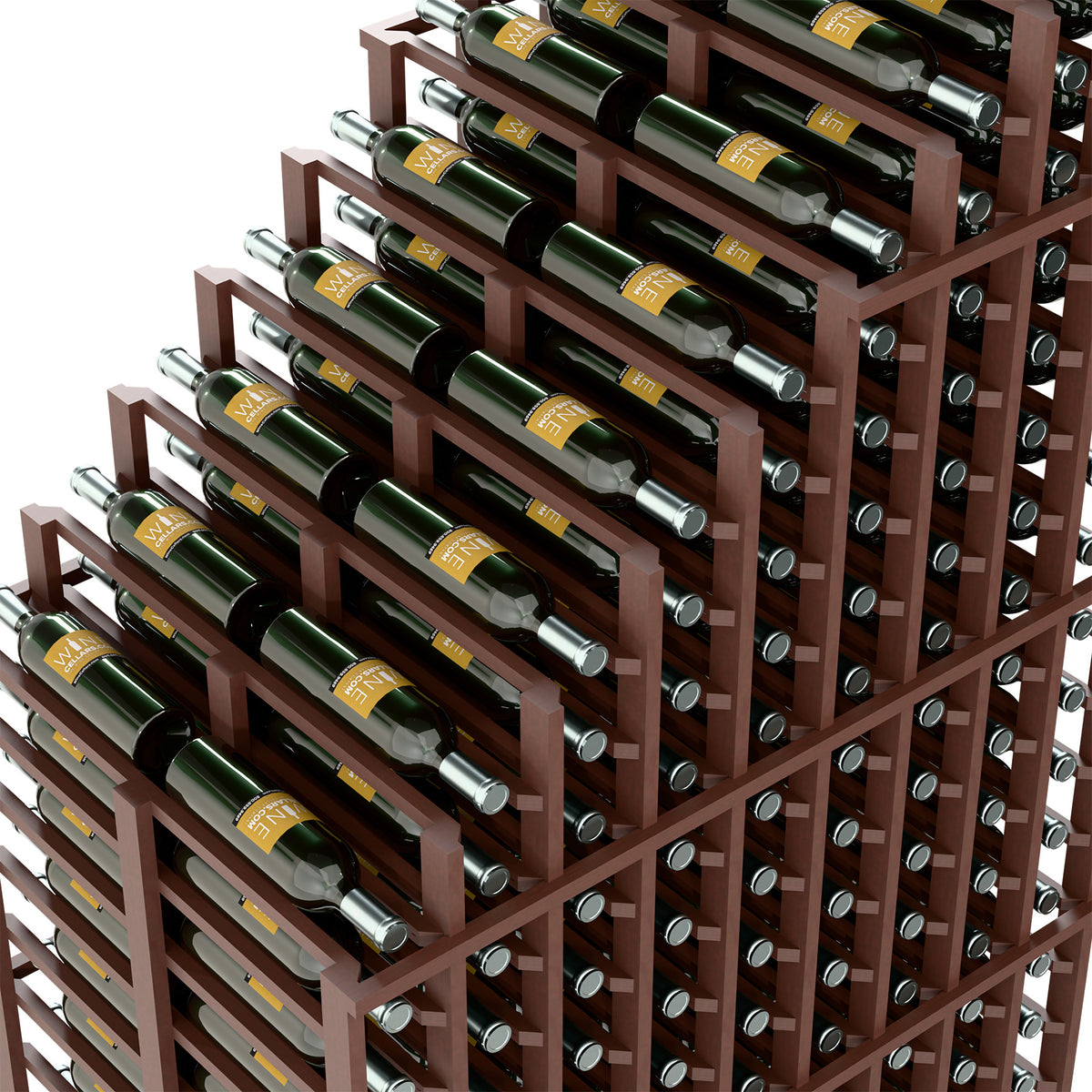 Dark stained wood wine rack close-up with cascading bottle slots and dark green bottles
