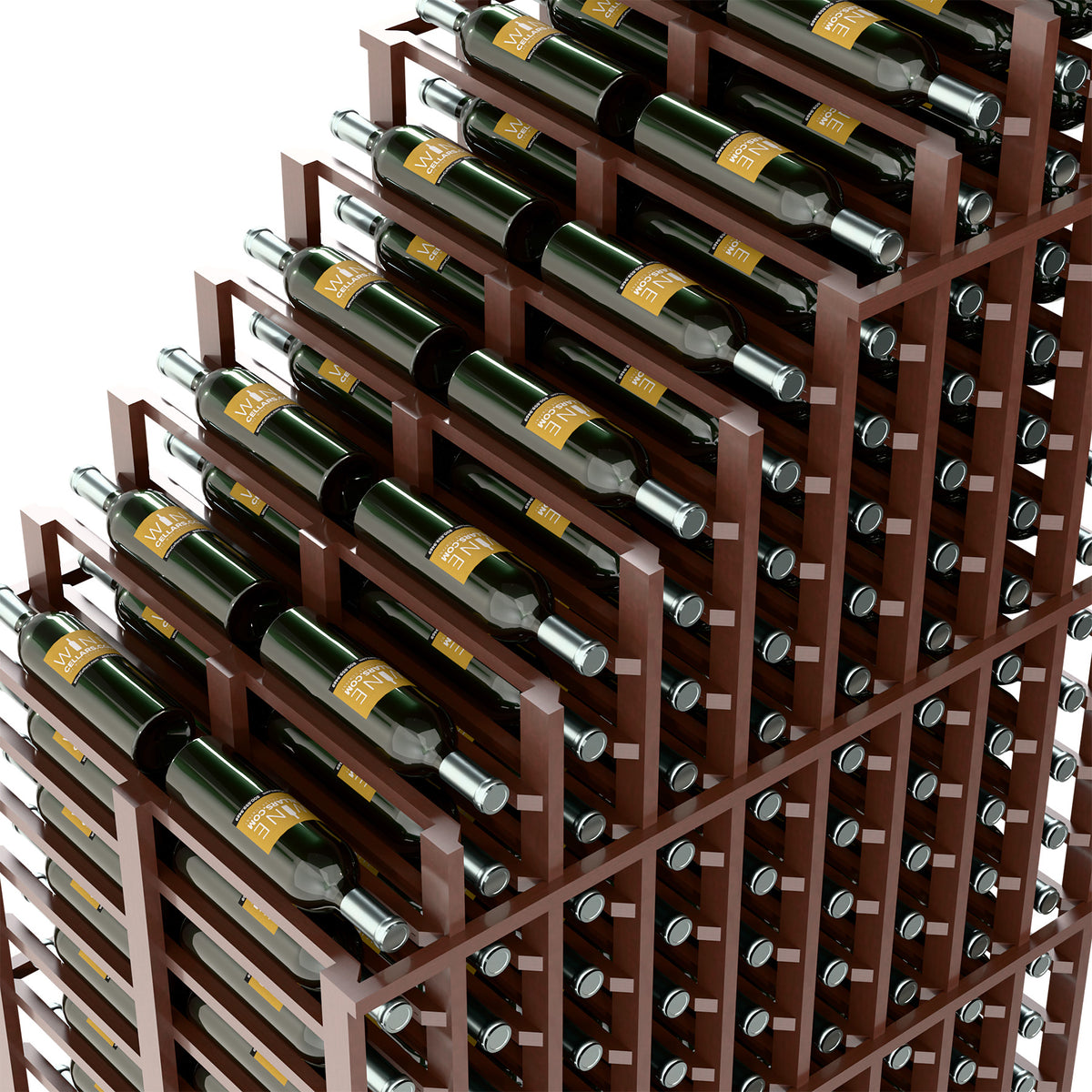 Angled view of double deep wine rack with dark wood slats and full bottle storage.