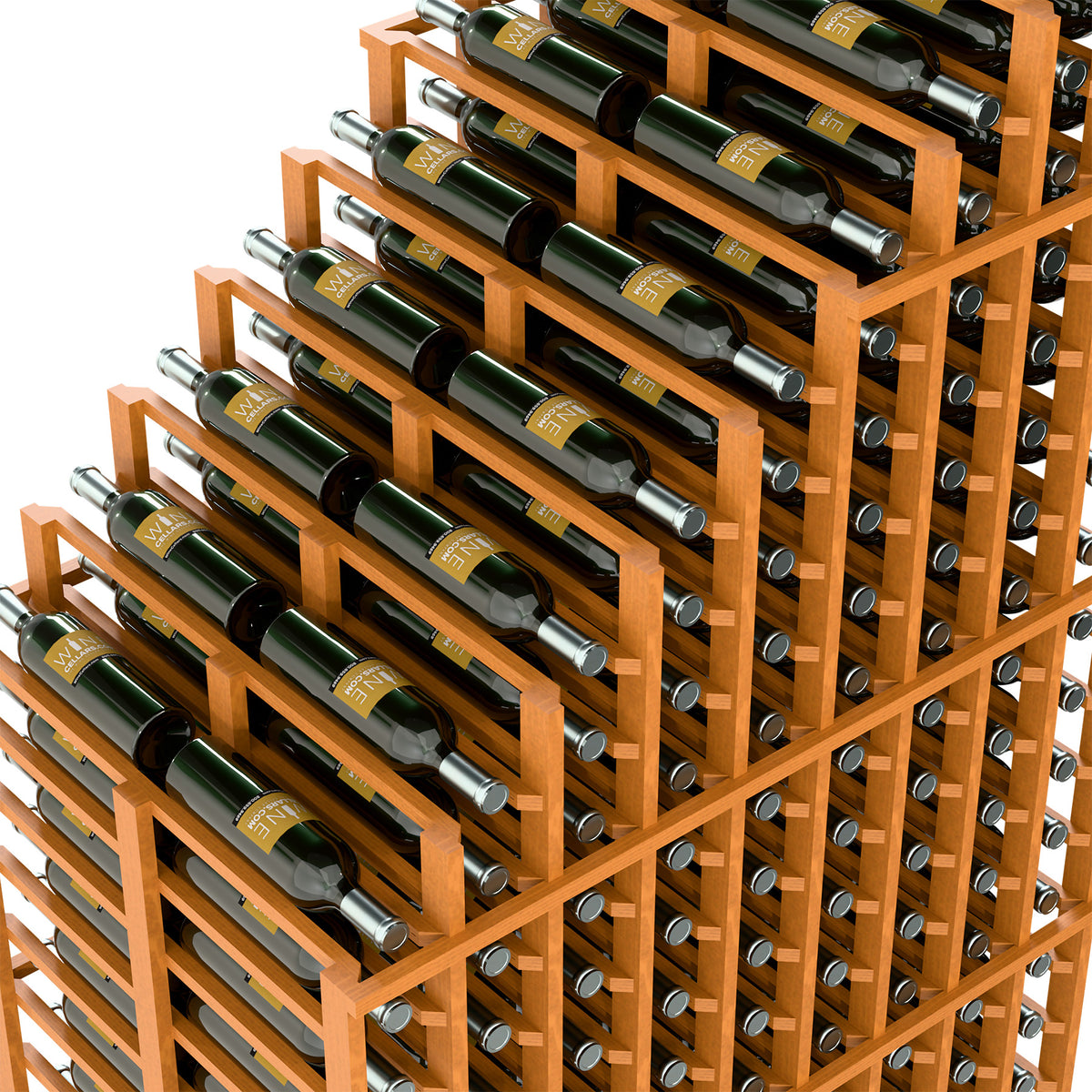 Close view of double deep wine rack showing bottle cradles on light wood slats.