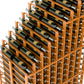 Side perspective of double deep wine rack with light wood frame and bottle holders.