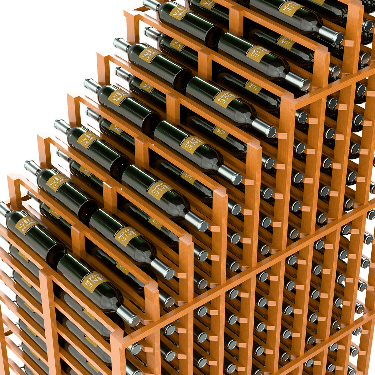 Side perspective of double deep wine rack with light wood frame and bottle holders.
