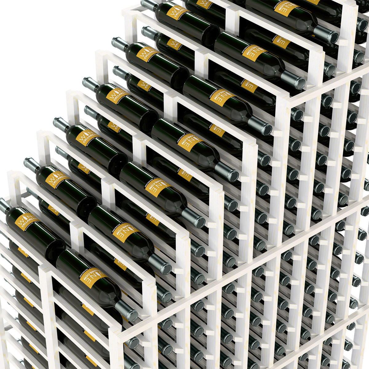 Angled close-up of white double deep wine rack with green bottles in front rows.