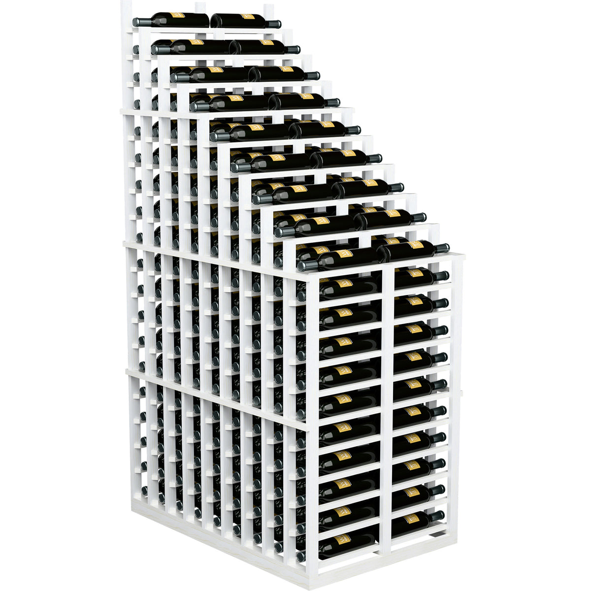 Front view of white double deep wine rack with multiple bottle slots and cradles.