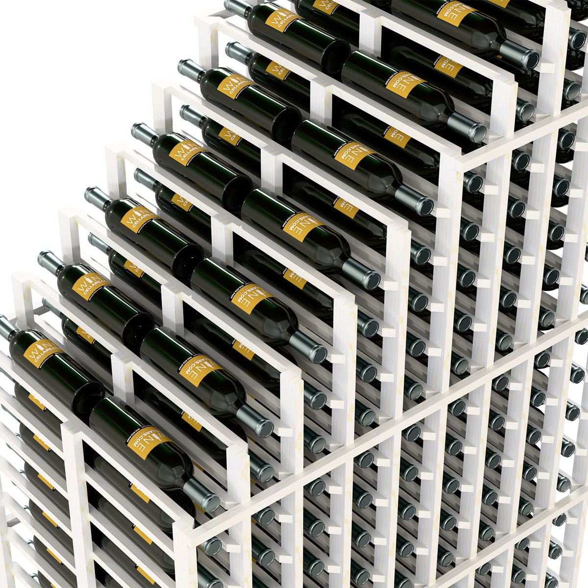 Close-up angled view of white double deep wine rack with bottle rows and metal pins.