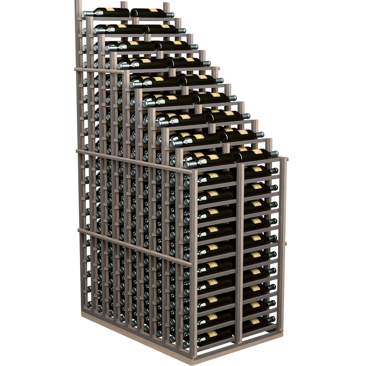 Cascading double deep wine rack with metal frame and green wine bottle slots