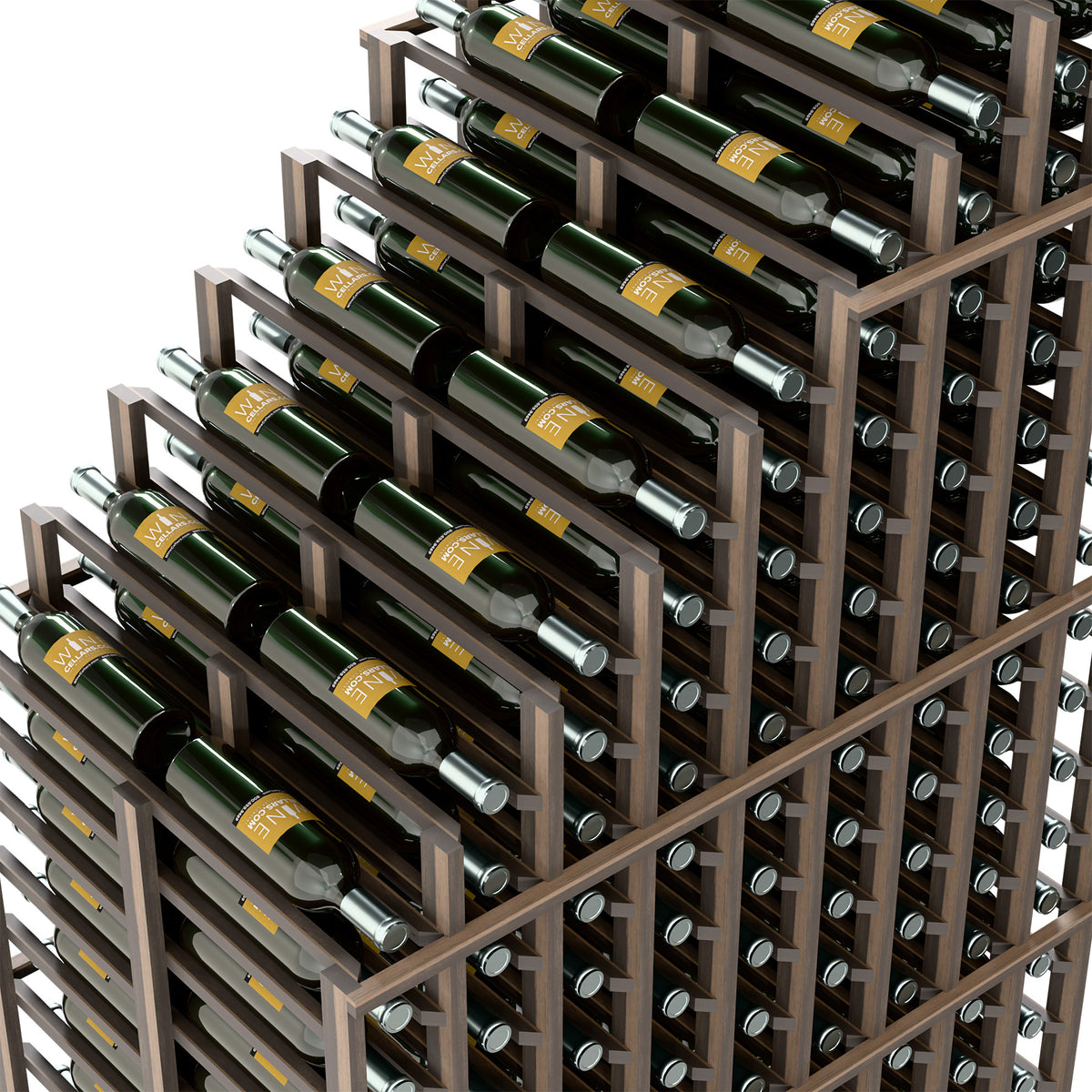 Cascading double deep wine rack close-up with wine bottles in horizontal rows