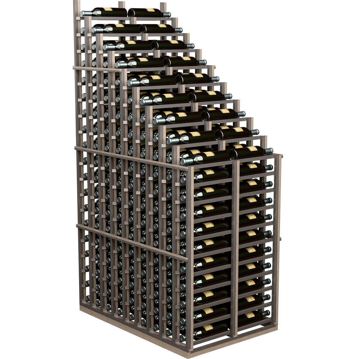 Cascading double deep wine rack with metal lattice design and green bottle storage