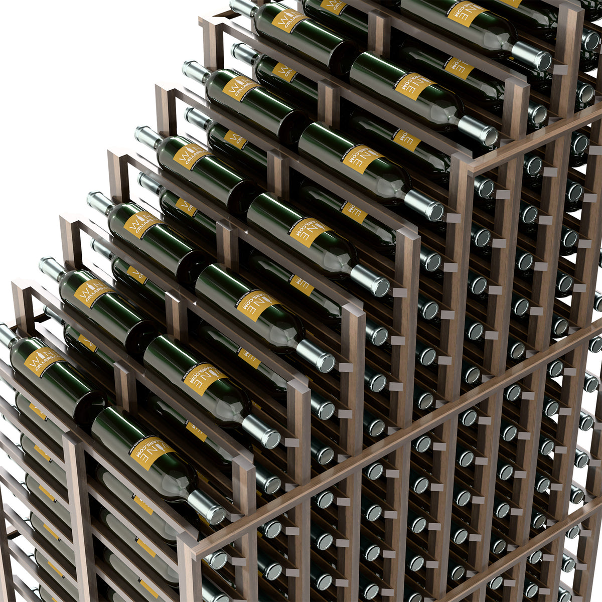 Cascading double deep wine rack angled view with green bottles in recessed holders