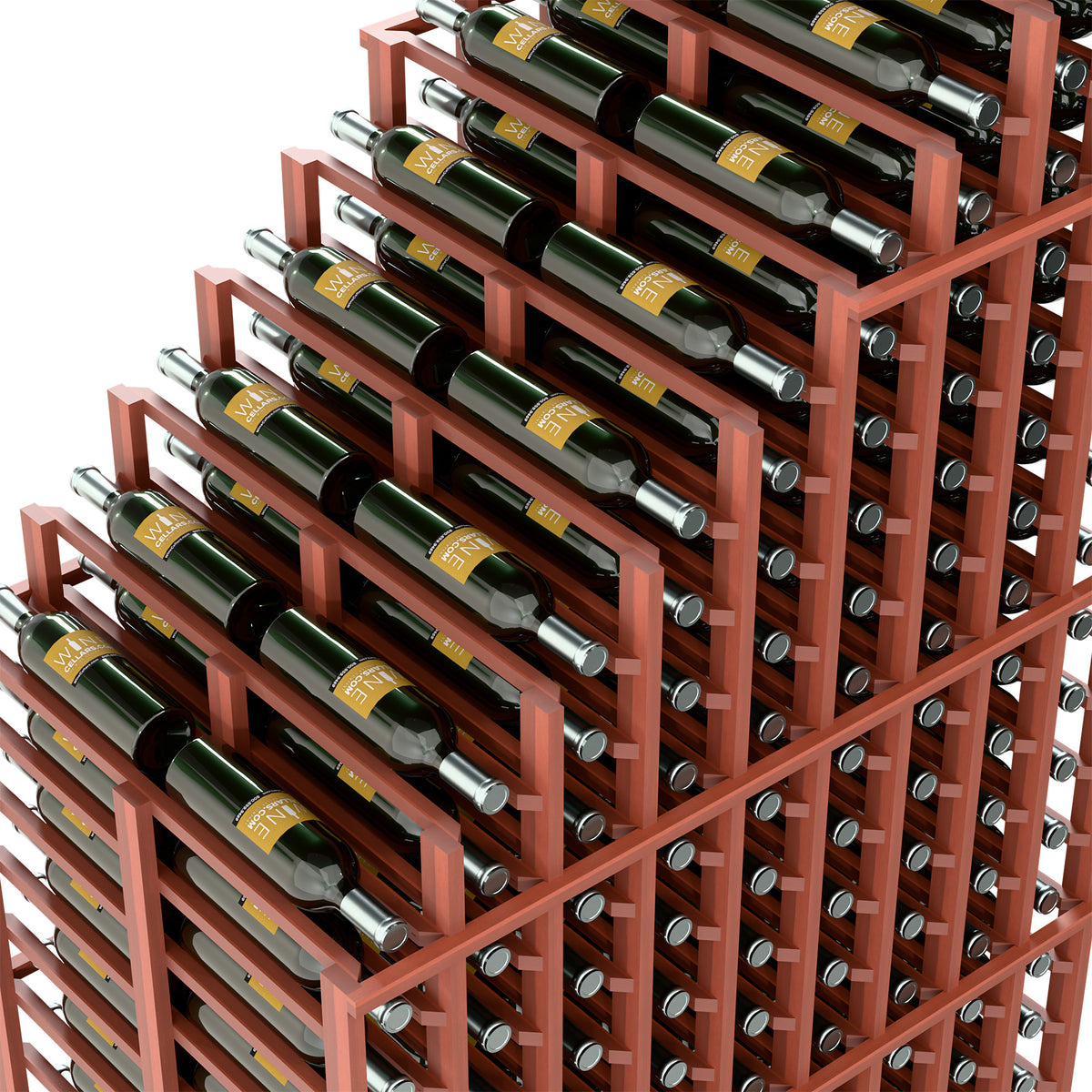 Cascading double deep wine rack close-up with green bottles in staggered rows