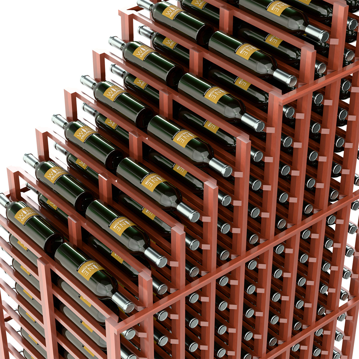 Cascading double deep wine rack with red frame and green bottles in holder cups