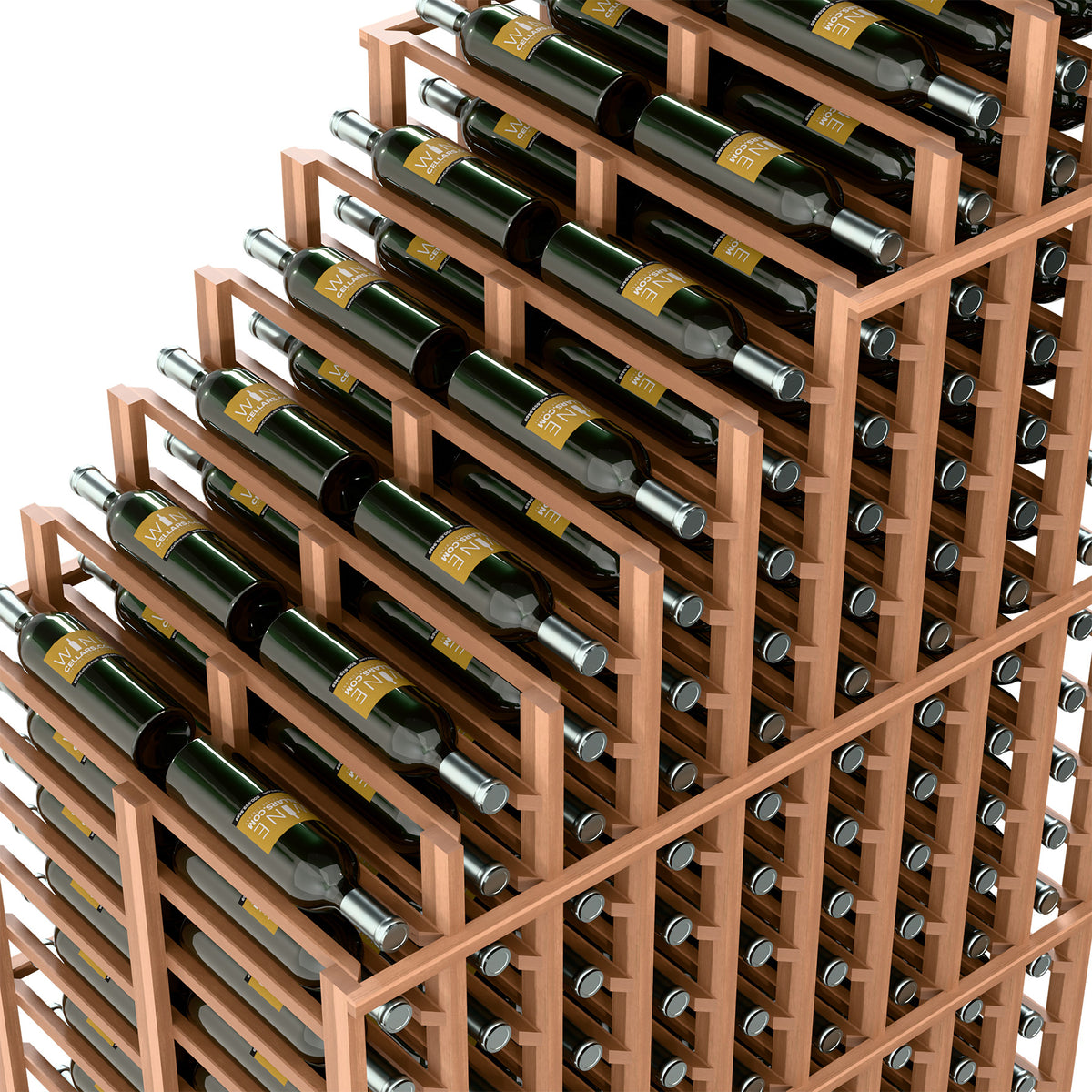 Cascading double deep wine rack close-up with light wood frame and green bottles