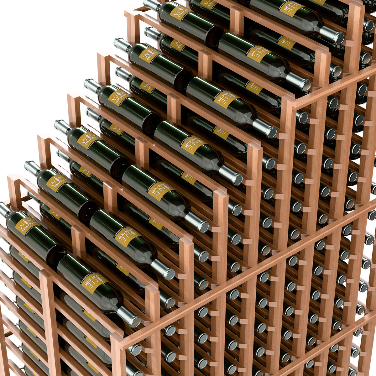 Light wood wine rack close-up showing stacked bottle slots and metal bottle stoppers