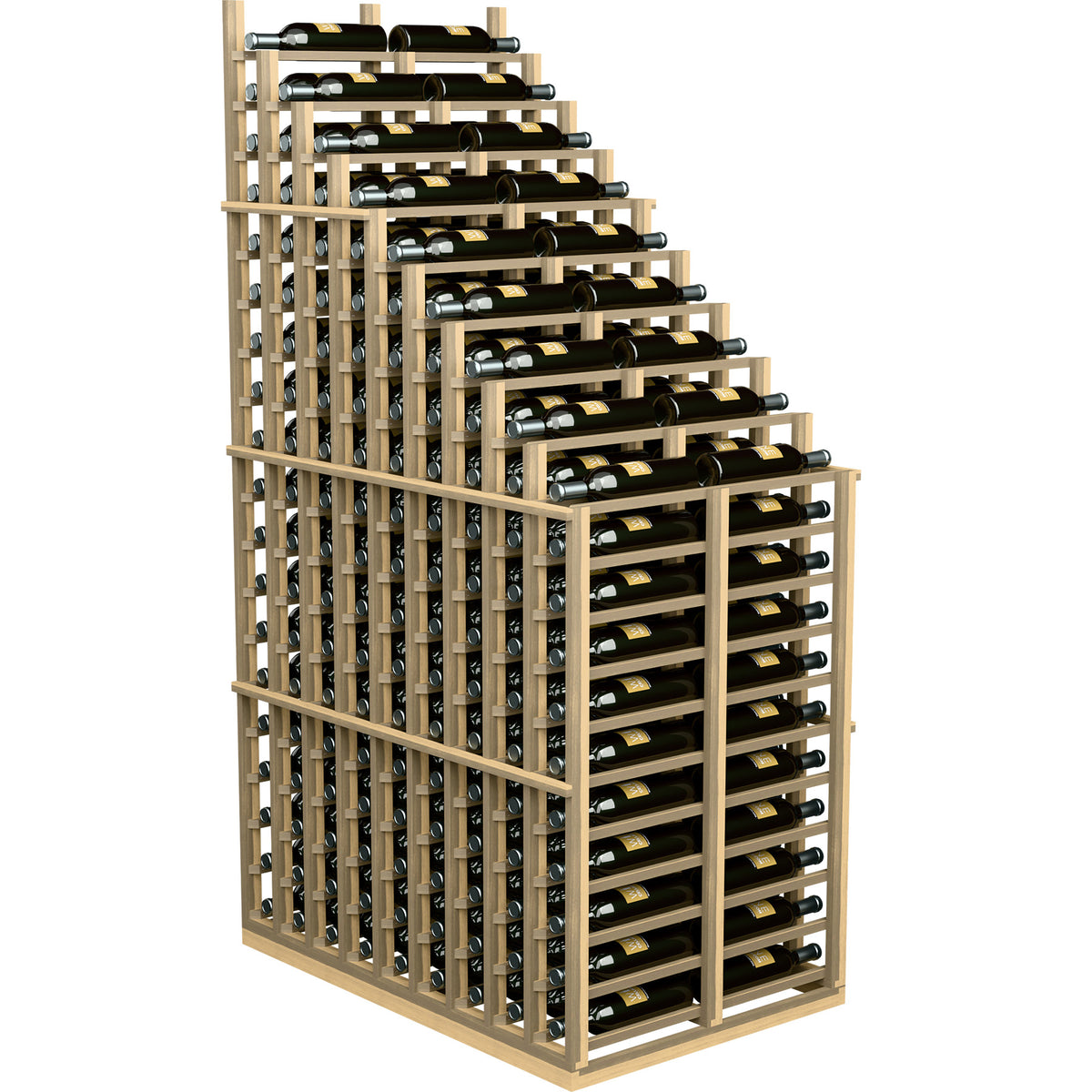 Light wood double-deep wine rack with cascading rows of bottles in horizontal slots