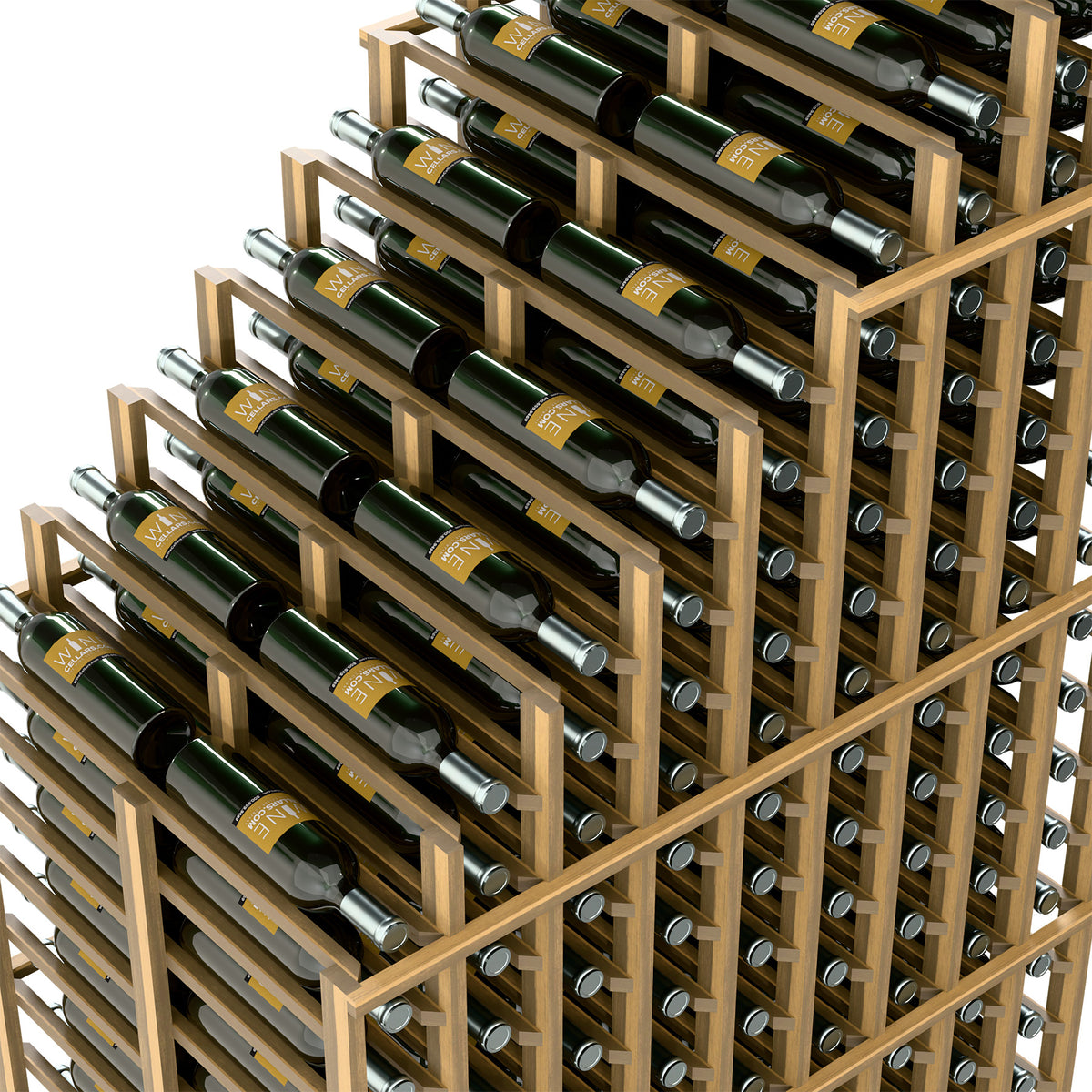 Light wood wine rack close-up with angled bottle rows and circular holder openings