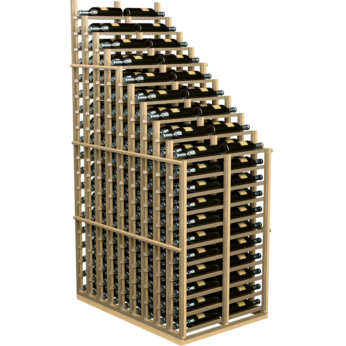 Light wood double-deep wine rack standing display with many bottle slots and rails