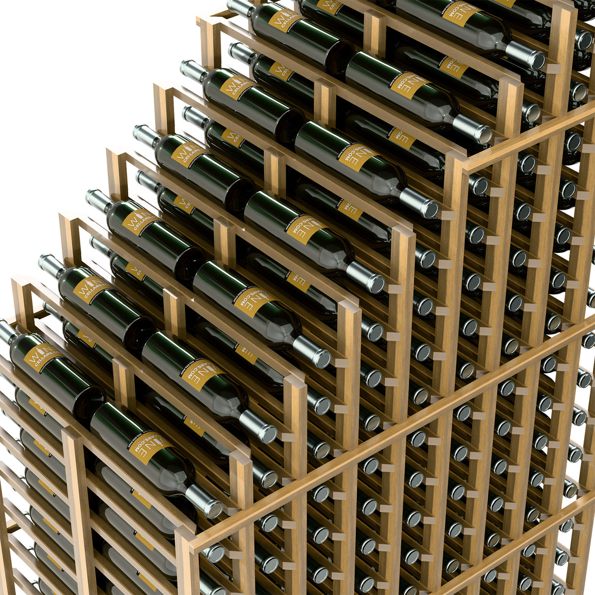 Light wood wine rack close-up with stacked green bottles in horizontal holders