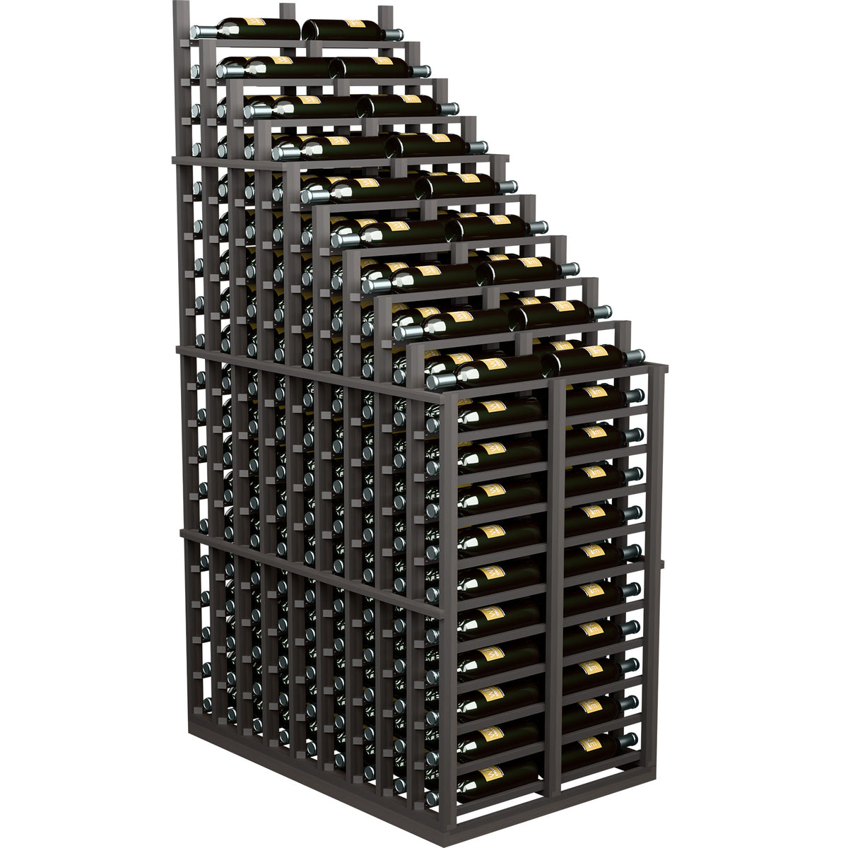 Dark wood double-deep wine rack with cascading rows and horizontal bottle holders