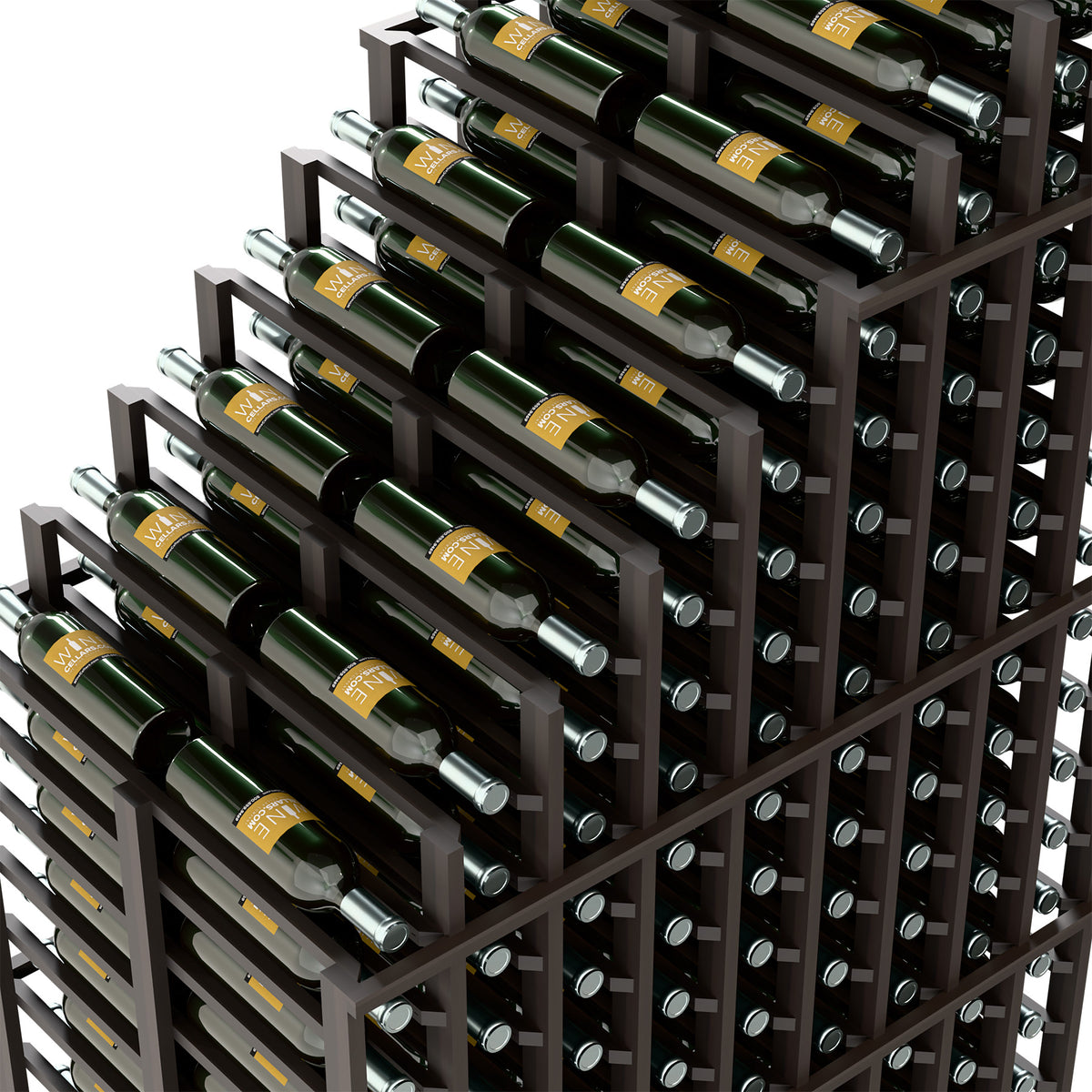 Dark wood wine rack close-up showing bottle slots, rails, and round holder openings