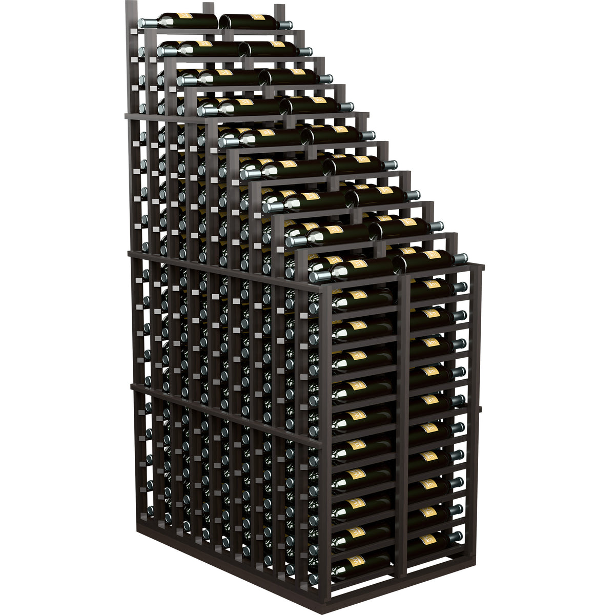 Dark wood double-deep wine rack with cascading bottle rows and horizontal slots