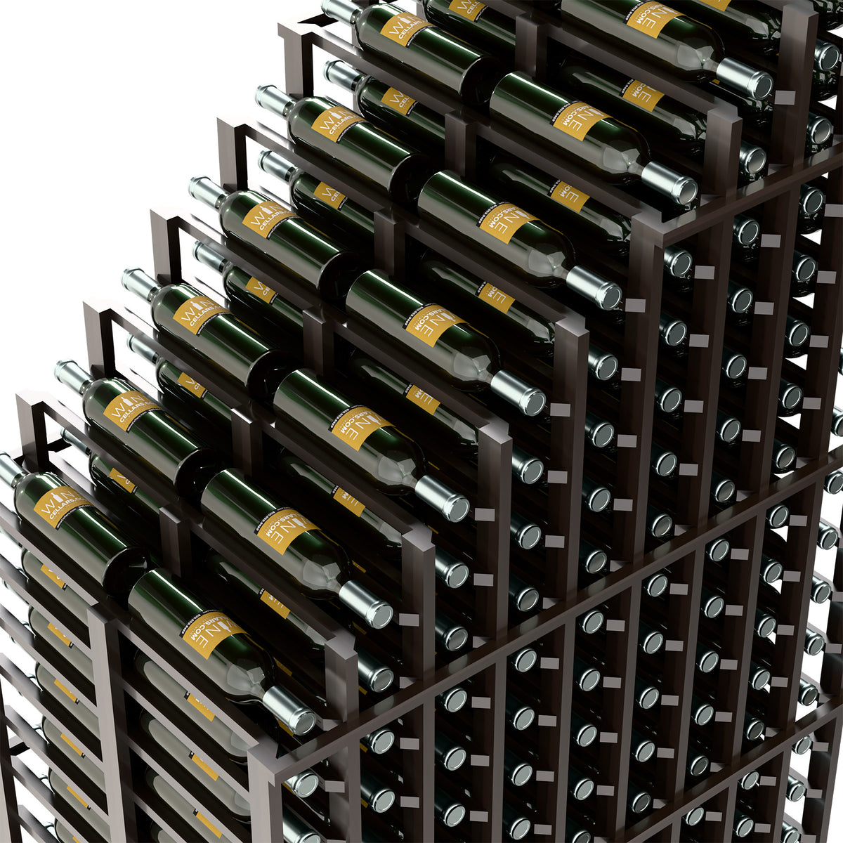 Dark wood wine rack close-up with stacked bottles in horizontal holders and metal caps