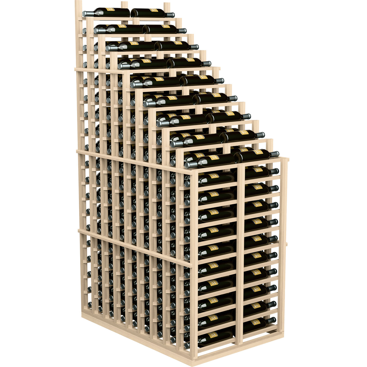 Wine rack with cascading bottle storage, light natural wood frame