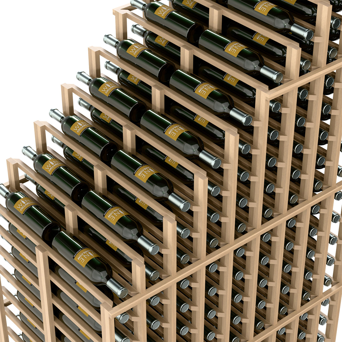 Wine rack close-up with bottle neck rests and light wood grid shelves