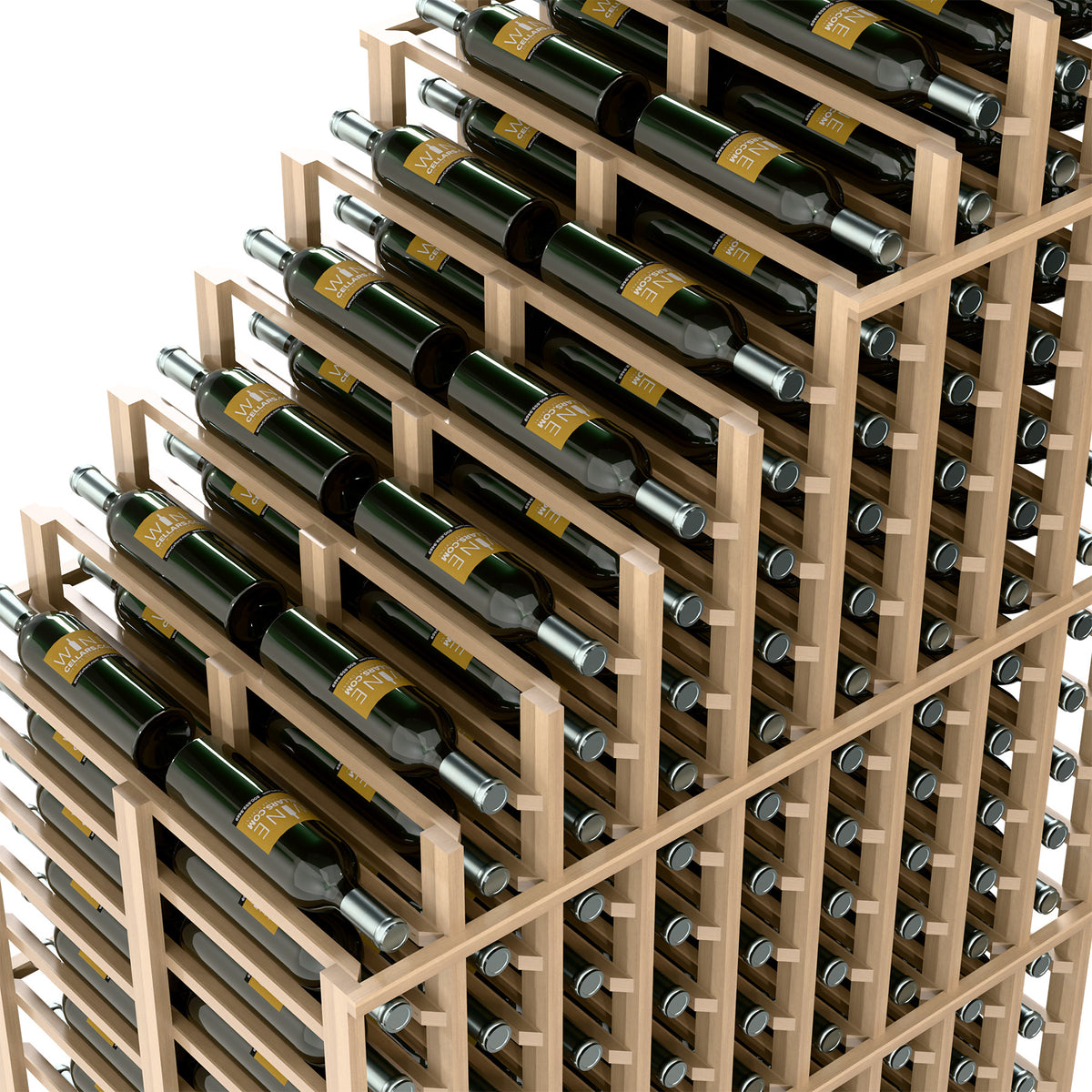 Wine rack close-up showing bottle slots, dark bottles, and light wood supports