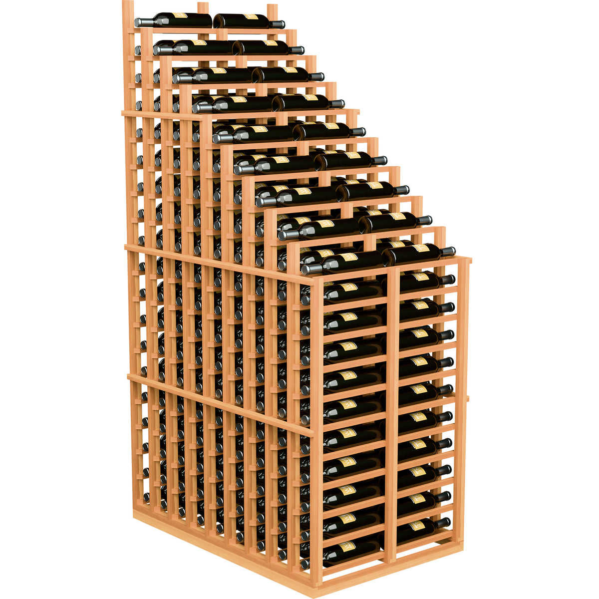 Wine rack with cascading bottle storage, warm wood frame and open grid design