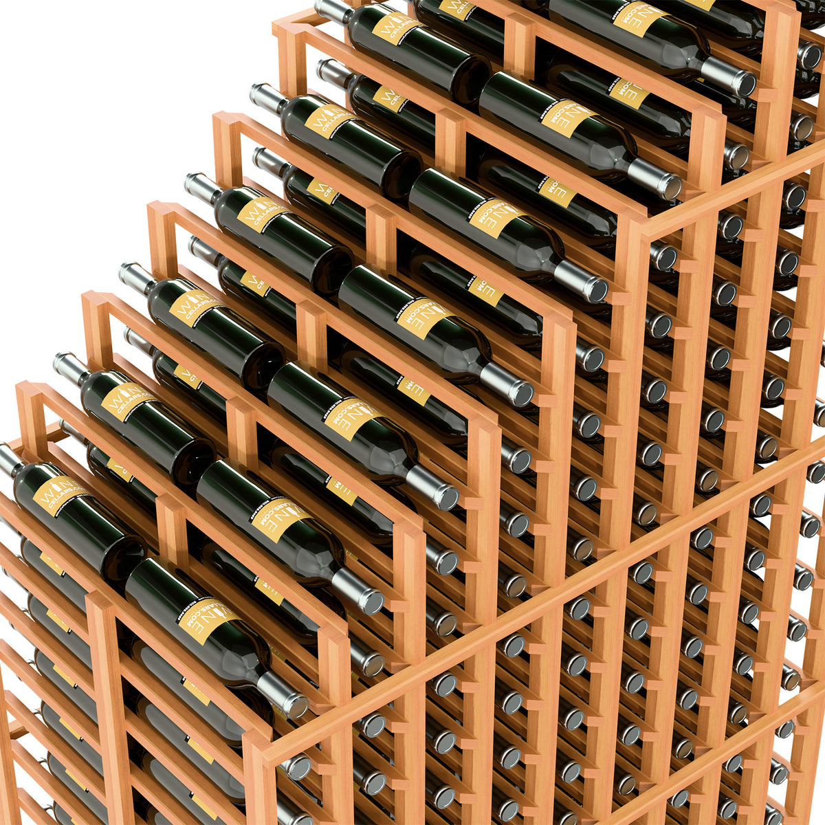 Wine rack close-up with bottle slots, dark bottles, and warm wood lattice frame