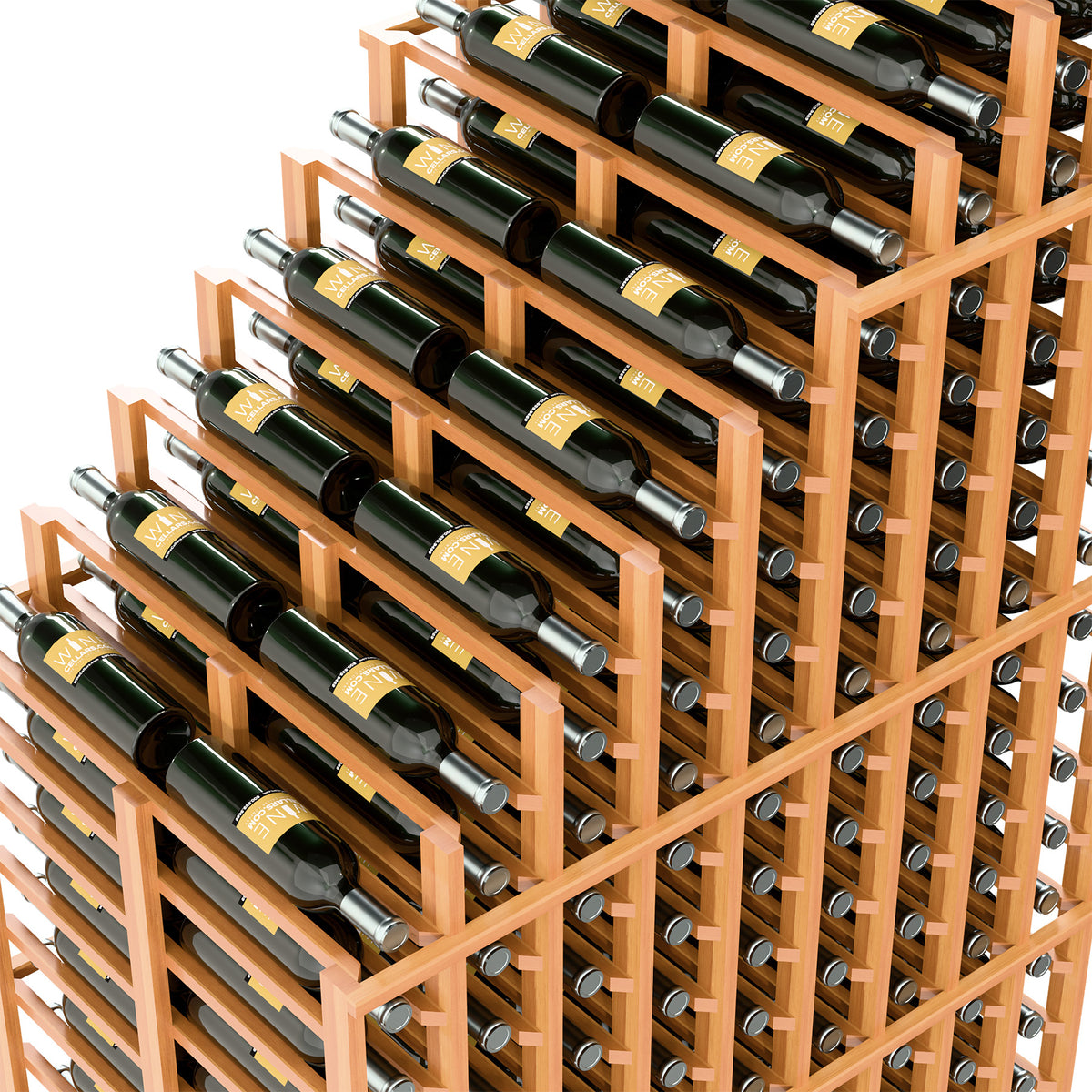 Wine rack close-up showing bottle storage holes, dark bottles, and warm wood