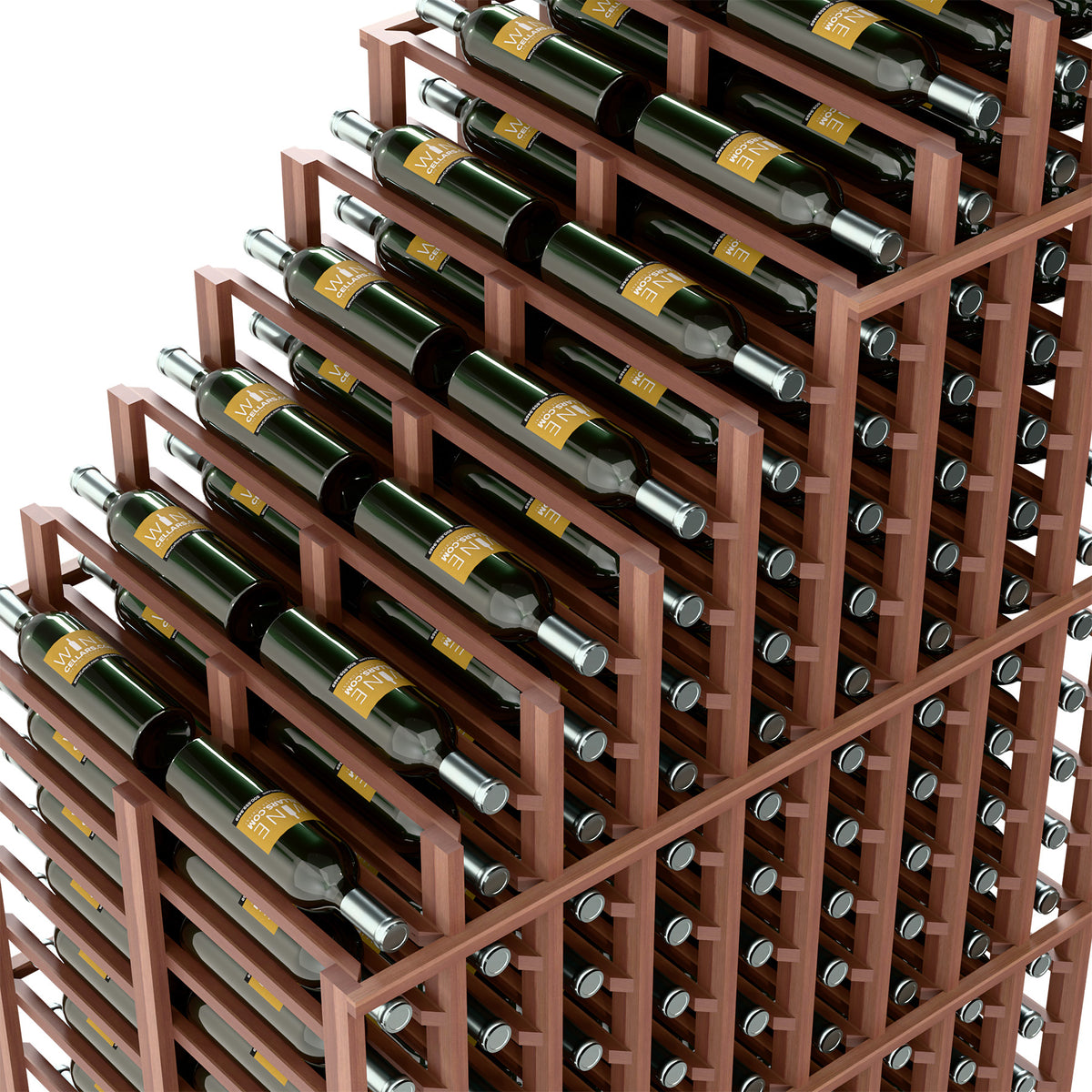 Wine rack close-up with bottle slots, dark bottles, and warm wood frame