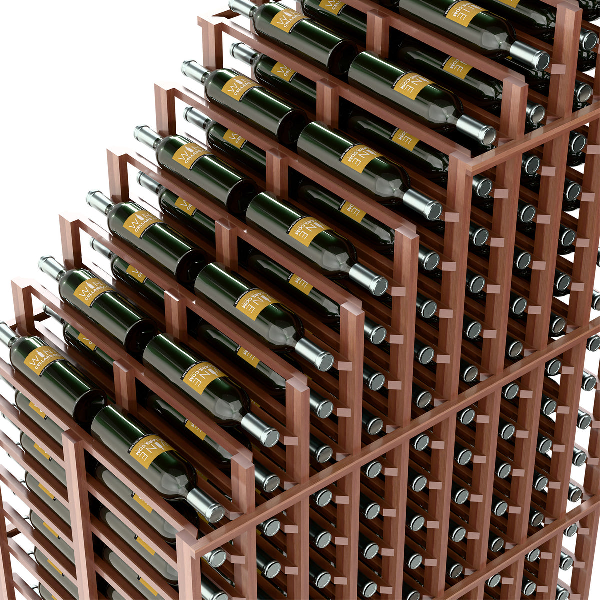 Close-up of double deep wine rack showing bottle slots and dark wood grid frame.