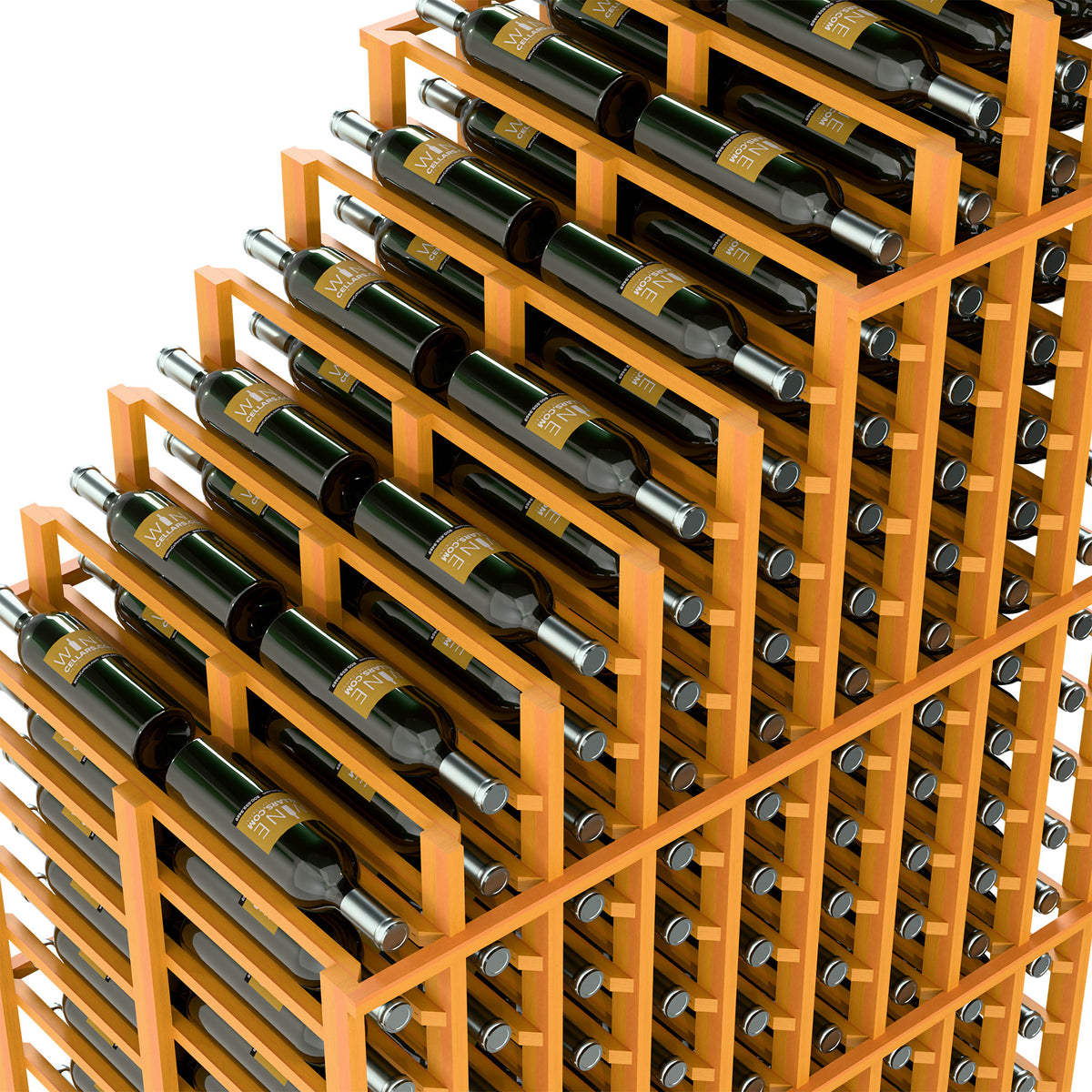 Close-up of double deep wine rack with bottle necks in a light wood frame.