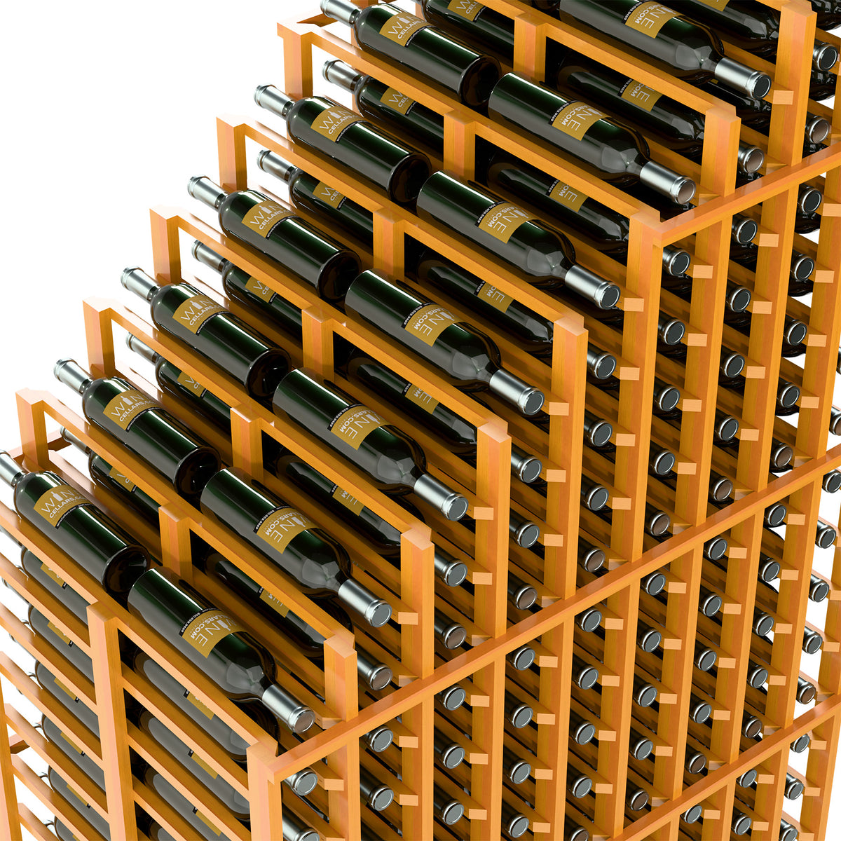 Close-up of double deep wine rack showing bottles in a whitewashed wood grid.