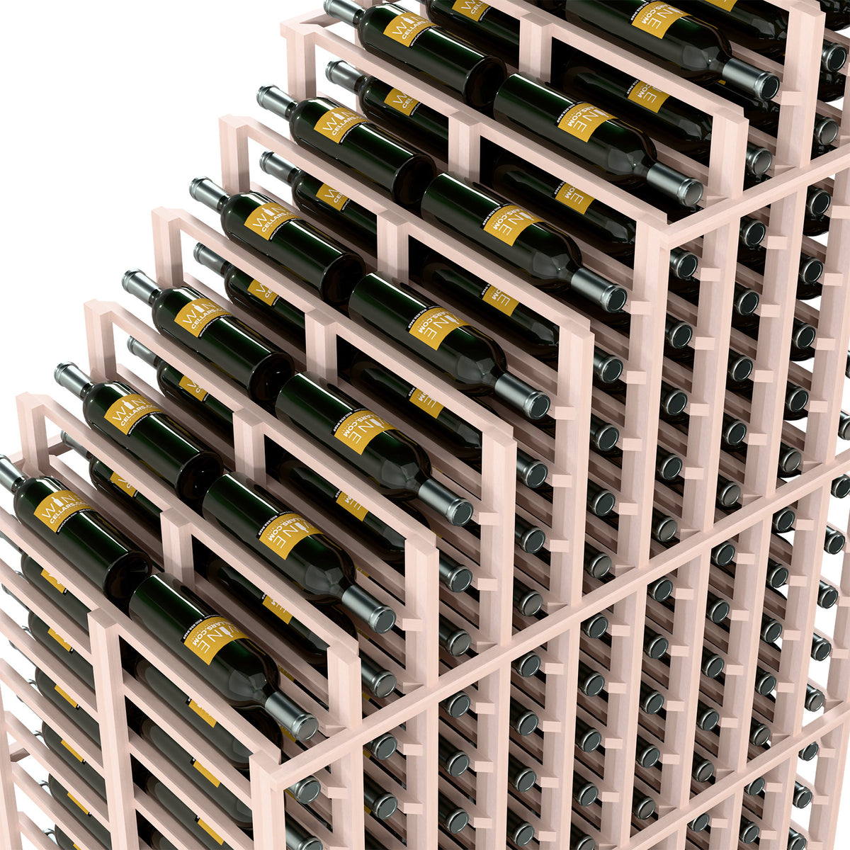 Close-up of double deep wine rack with bottle slots in a light grey wood frame.